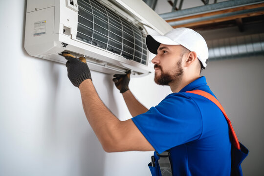 HVAC technician installing a mini split air conditioner in Seal Beach