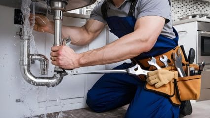 Plumber repairing pipes beneath a sink in Seal Beach