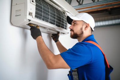 HVAC technician installing a mini split air conditioner in Seal Beach